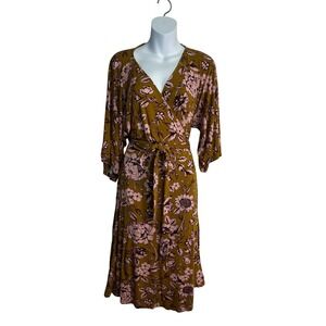Motherhood Maternity Floral Faux Wrap Dress Mustard Green Pink 3/4 Sleeve Large